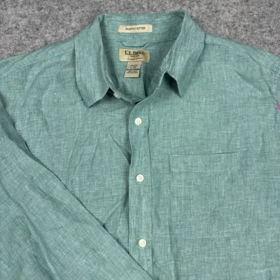 LL Bean Slightly Fitted Classic Linen Button Up Shirt Men’s Large Green Chambray - Image 1 of 4