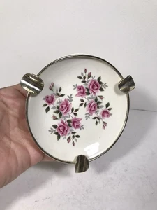Vintage Enoch Wedgwood Ashtray Metal Ring on Porcelain Fancy Pink Flowers - Picture 1 of 4