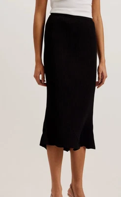 TED BAKER Midi Skirt TB 2 UK 10 Velenaa Black Flippy Hem Ribbed Knit Stretch - Image 1 of 4