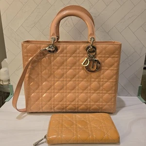 Dior Beige Cannage Patent Leather Large Lady Tote & Wallet W/ Dust Bag & Strap - Picture 1 of 21