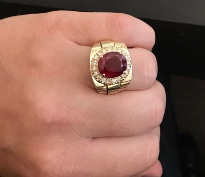 Huge Men's Ring For X Mas Gift 3.20CT Natural Red Ruby In Solid 14K Yellow Gold - Image 1 of 4