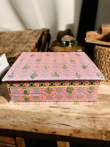 Vintage Box Art Deco Nouveau Stationary Craft Storage Makeup Floral Mirror 11” - Picture 1 of 14