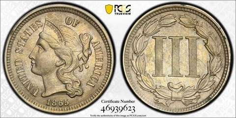 1865 PCGS UNC Detail | Three Cent Nickel - 3c US Coin #42868A Cover