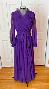 Vintage Maßanfertigung lila Langarm Maxikleid Kleid 70er Jahre Chiffon Gr. 6 - Bild 1 von 13