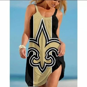 New Orleans Saints Women's Gold and Black Fleur De Lis Casual Midi Sun Dress - Picture 1 of 2