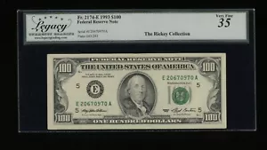 DBR 1993 $100 FRN Richmond Fr. 2174-E Legacy 35 Serial E20670970A - Picture 1 of 2