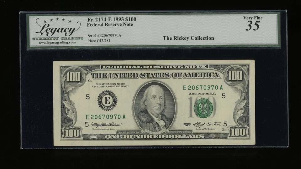 DBR 1993 $100 FRN Richmond Fr. 2174-E Legacy 35 Serial E20670970A - Image 1 of 2