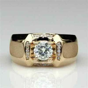 3 Ct Round Cut REAL Moissanite Men's Band Ring 14K Yellow Gold Plated Silver - Picture 1 of 5