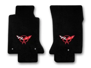 1997-2004 Chevrolet Corvette 2pc Black Carpet Floor Mats with Red C5 Flags Logo - Foto 1 di 6