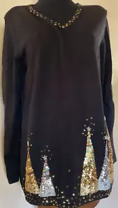 Silver & Gold Sequined Trees Black Holiday Sweater Size Large by Quacker Factory - Picture 1 of 10