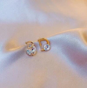 Fashion Gold Letter D-Shape 1.5 Ct Pave Cubic Zirconia Party Stud Earrings - Picture 1 of 2
