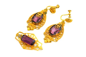 Victorian Amethyst Rhinestone Filigree Brooch & Dangle Clip Earrings Set - Picture 1 of 12