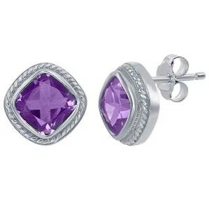 Classic Women's Earrings Sterling Amethyst Gemstone Small Square Designed D-3929 - Picture 1 of 1