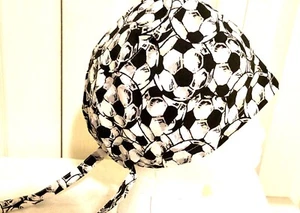 Sports Scrub Hat Black and white Soccer Balls Cotton Handmade USA Tie Bac - Picture 1 of 1