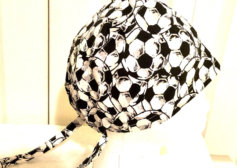 Sports Scrub Hat Black and white￼ Soccer Balls  Cotton Handmade USA  Tie Bac - Image 1 of 1