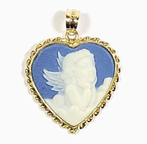 Vintage 14k Yellow Gold Blue Agate Cupid Angel Heart Pendant - Picture 1 of 3