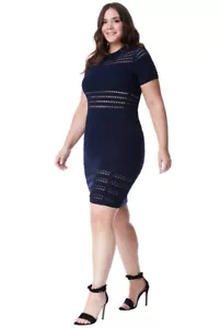 Abito midi Goddiva donna donna blu navy scollato bodycon taglie forti - Foto 1 di 2