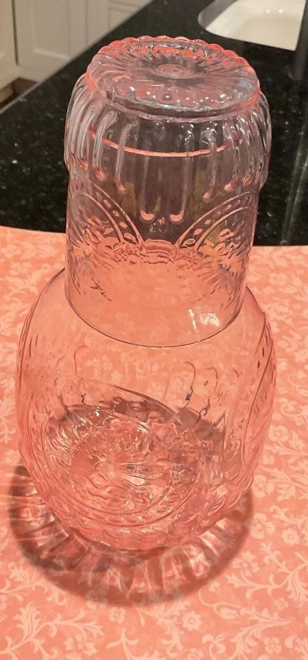 VINTAGE PINK DEPRESSION GLASS WATER CARAFE VASE AND CUP - Image 1 of 1