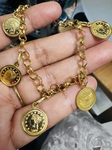 New 18K 750 Real Fine Yellow Gold Lucky Coin Bracelet 7.5” long 13.17g - Picture 1 of 24