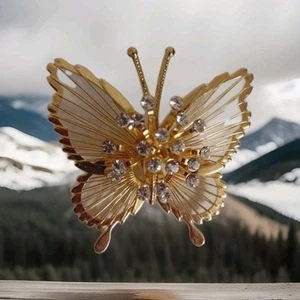 Vintage signierte Monet goldfarbene Strass Draht Schmetterling Brosche Anstecknadel - Bild 1 von 7
