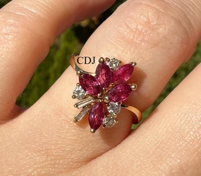 Hermoso Anillo Flor Rubí Creado en Laboratorio Regalo de Aniversario para Ella Plata 925 Foto 1 de 3