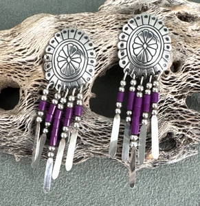 Vintage Southwest Concho Earrings Purple Sugilite Sterling Silver Dangles - Picture 1 of 12