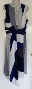 Navy/Bright Blue/Cream Asymetric Dipped Hem Notch Neck Dress Size 14 NEXT - Picture 1 of 10