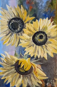 Sunflowers Original Oil Painting floral nature art palette knife painting 12x8" - Picture 1 of 15
