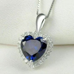 3.3Ct Blue Sapphire Heart Pendant Necklace 14K White Gold Plated 925 Silver - Picture 1 of 4