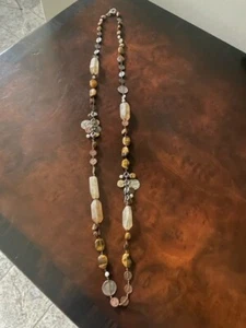 SILPADA Oxidized 925 Sterling Silver Charm Pearl Tigers Eye Onyx Necklace 32" - Picture 1 of 2