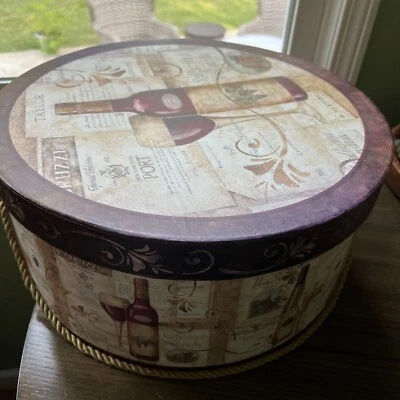 Round Box Storage With Wine Motif  - Image 1 of 4