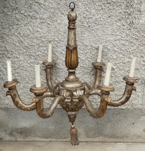 Ancien Lustre bois sculpté 18ème siècle ? Doré argenté carved wood chandelier - Photo 1/23