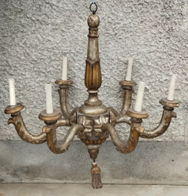 Ancien Lustre bois sculpté 18ème siècle ? Doré argenté carved wood chandelier - Photo 1/4