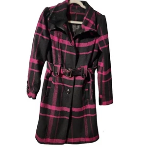 Steve Madden Button w/Belt Wool Blend Coat Pink Black Plaid - Picture 1 of 9