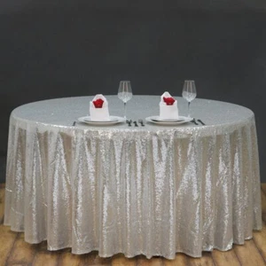 SILVER Sequined 120" ROUND TABLECLOTH Designer Wedding Party Catering Linens - Picture 1 of 10