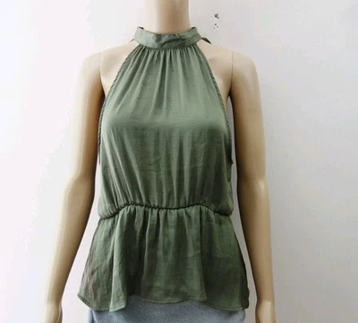 Blusa sin mangas American Eagle cuello alto atado verde oliva satinado (M) ¡NUEVA CON ETIQUETAS! Foto 1 de 4