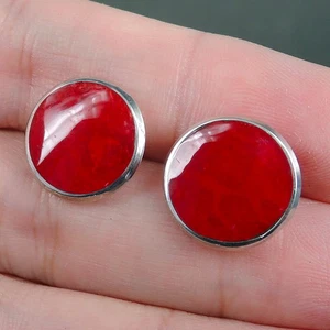 925 Sterling Silver Round Red Coral Earrings Studs Jewellery 14 mm Diameter - Picture 1 of 5