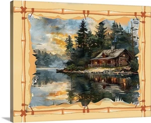 Colorado Lakeside Blockhaus Sommer Berge Wildnis Kunstgalerie Leinwandfolie - Bild 1 von 4