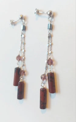 Orecchini pendenti in argento 925 con cilindri di ossidiana, ematite e cristallo - Immagine 1 di 4