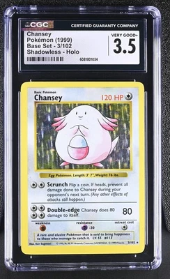 CGC 3.5 Chansey 1999 Base Set 3/102 Shadowless Holo Pokemon Card - Image 1 of 2