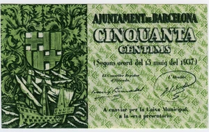 # SPAIN CIVIL WAR 1937 • BARCELONA 50c. MUNICIPAL ☆ GUERRA CIVIL ESPAÑOLA ☆D1411 - Picture 1 of 2