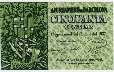 # SPAIN CIVIL WAR 1937 • BARCELONA 50c. MUNICIPAL ☆ GUERRA CIVIL ESPAÑOLA ☆D1411 - Image 1 of 2