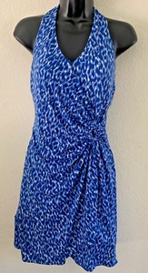 Tommy Bahama Halter Dress Size M Blue Clara Chic Cheetah Faux Wrap - Picture 1 of 9