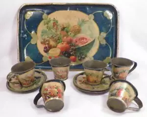 Set cioccolato Toleware mezza tazza frutta 6 tazze e piattini Germania antico - Foto 1 di 12