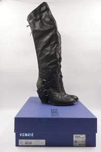 Vic Matie Over Knee Boots Pelle Cumino Size 39 Black Leather Wedge Heel 9 Cm B69 - Picture 1 of 8