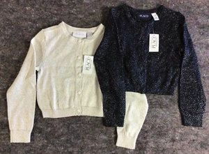 2 Girls Metallic Shimmer Cardigan Sweater Dark Blue & White Size 4 - Picture 1 of 10