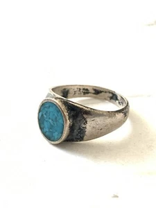 Vintage Sterling Silver Crushed Turquoise Signet Ring Sz 7.5 - Picture 1 of 6
