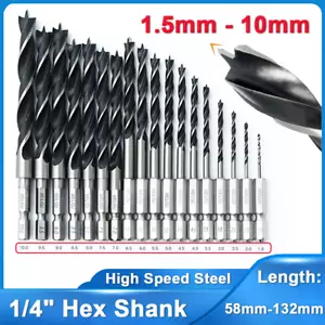 1.5-10mm HSS Brad Point Wood Drill Bit Set 1/4" Hex Shank Woodworking Twist Bits - Picture 1 of 29