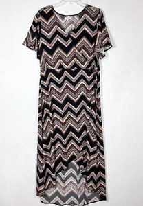 Maurices WMNS Large Dress Chevron V-neck Short Sleeve Faux Wrap Midi Hi Low - Picture 1 of 24