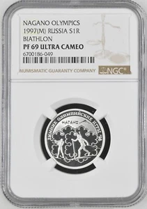 1997 RUSSIA 1 Rouble Proof - Silver Nagano Olympics - Biathlon - NGC PF 69 UC - Picture 1 of 2